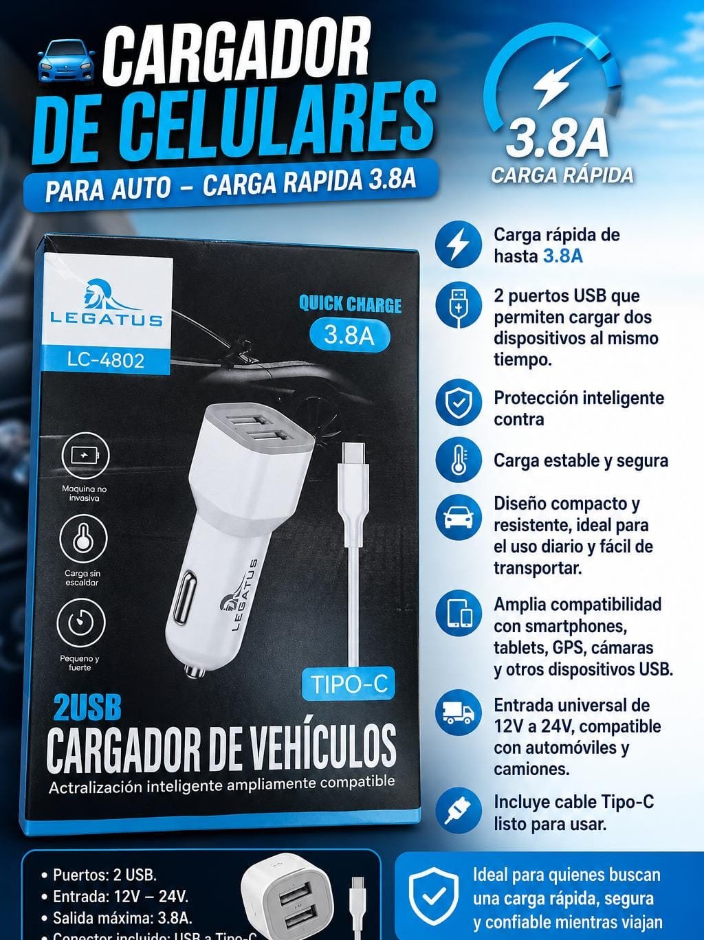 🚗 CARGADOR DE CELULARES PARA AUTO  – CARGA RAPIDA 3.8A